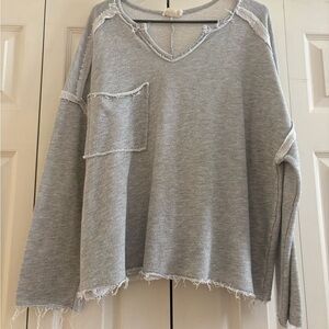 Gray Distressed V-Neck Long Sleeve Top